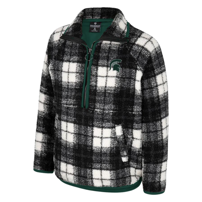 A black and white, plaid patterned Sherpa jacket with green lining. On the left chest area is a green MSU Spartan helmet logo. 