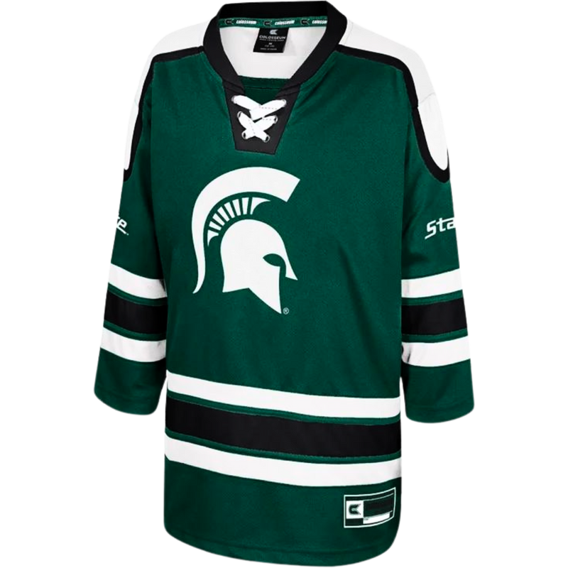 A green hockey jersey with black and white stripes around the sleeves and lower torso. In the middle of the jersey is a white MSU spartan helmet logo.