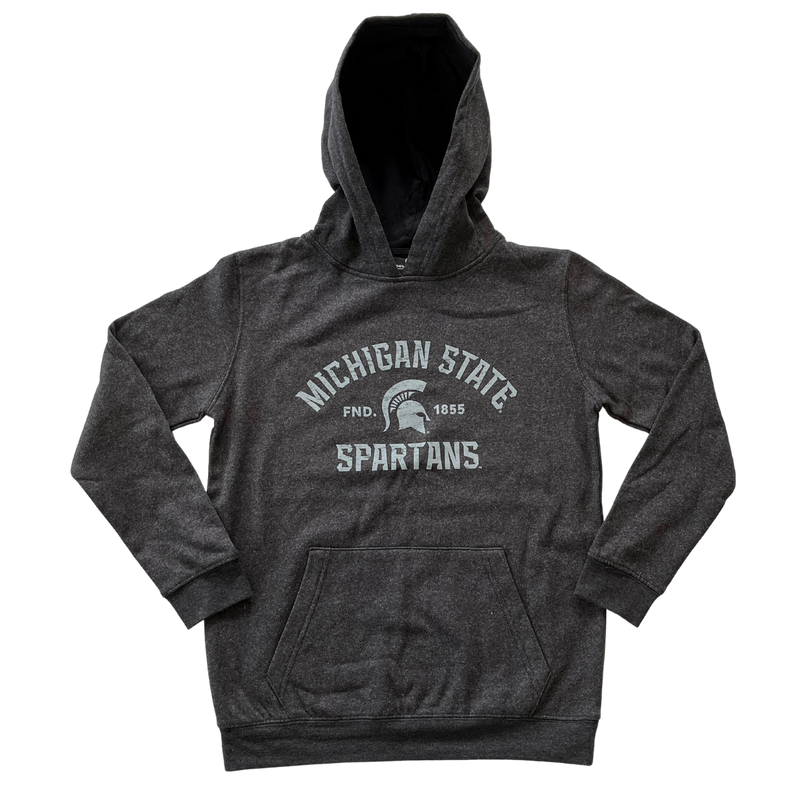 A gray hooded sweatshirt with Michigan State Spartans written in white on the torso. In the middle of Michigan State and Spartans is a white MSU spartan helmet logo and the words "Fnd 1855"
