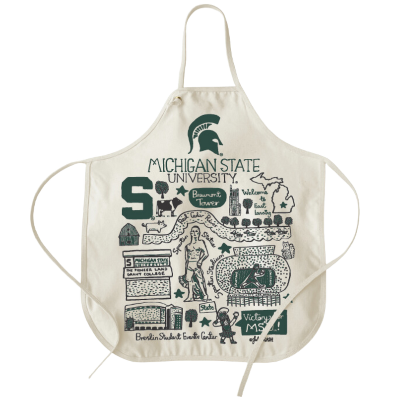 Natural colored canvas apron with a top loop and two waist straps with an artist's MSU illustration design on the apron.