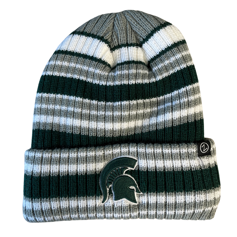 Gray beanie with alternating green and white horizontal stripes of varying sizes, with a green Spartan helmet on the cuff.