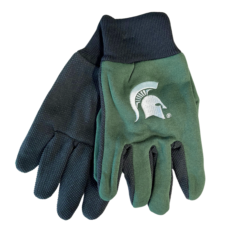 A pair of green winter utility gloves with black palms and cuffs and a white embroidered Michigan State spartan helmet logo on the top.