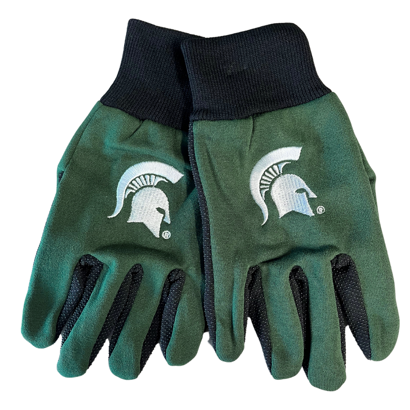 A pair of green winter utility gloves with black palms and cuffs and a white embroidered Michigan State spartan helmet logo on the top.