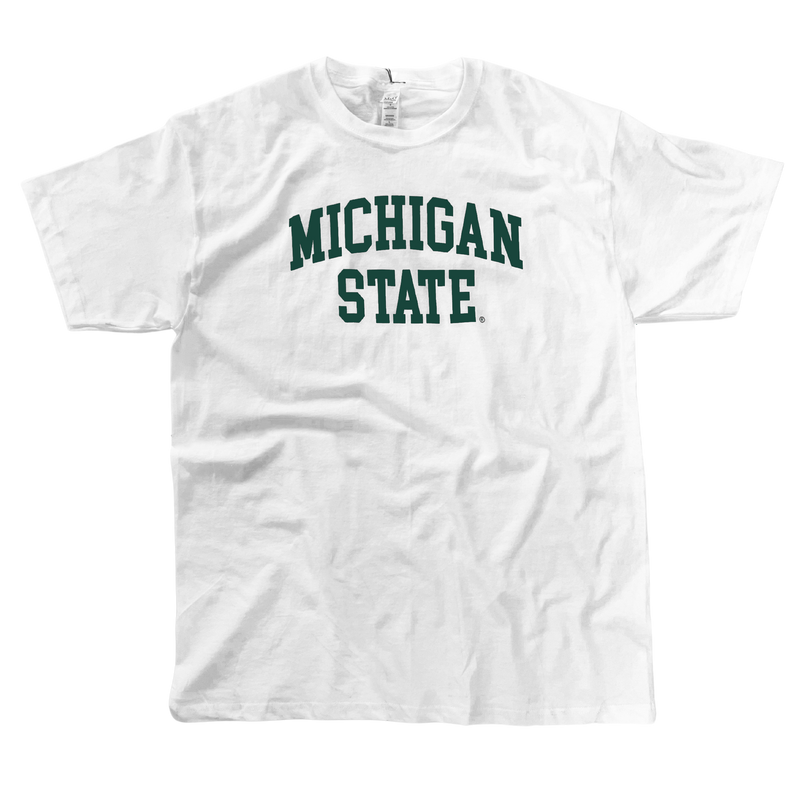 White crewneck t-shirt with short sleeves. Centered on the chest, dark green block letters "Michigan State" across two lines, where “Michigan” is slightly arched.
