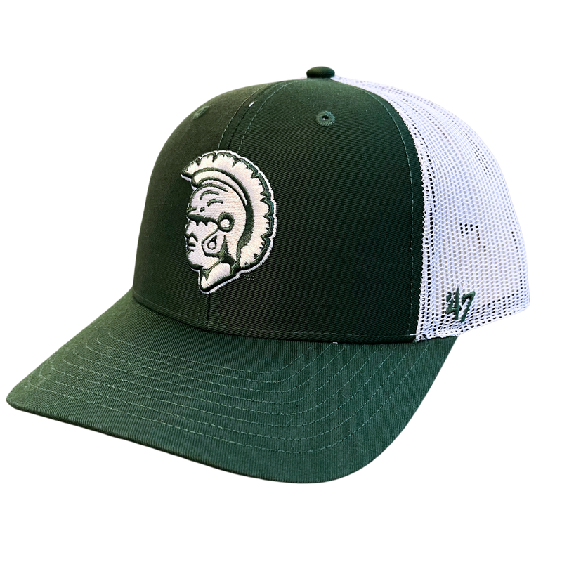 A trucker hat with a green front and white back. On the front of the hat is a vintage Michigan State spartan head logo. 