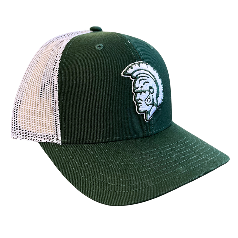 A trucker hat with a green front and white back. On the front of the hat is a vintage Michigan State spartan head logo.