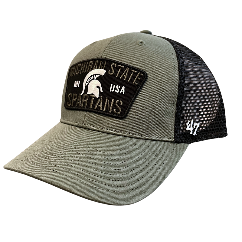A moss green trucker hat with a black netted back. The graphic on the hat reads "Michigan State Spartans" in moss with MI, USA, and a spartan helmet logo centered in white. 