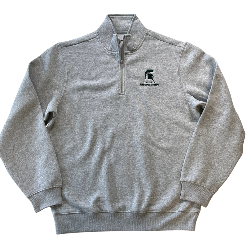 A heather gray quarter zip sweatshirt. On the right chest is a green MSU spartan helmet logo with "College of Engineering" written underneath