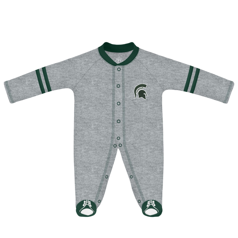 Gray sleeper with green trim and snap closure. Features Spartan helmet on left chest and green "shoe" design as the footies.