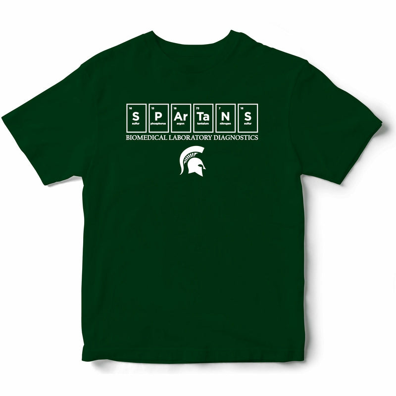 Forest green crewneck t-shirt with short sleeves. On the center chest ar six periodic table elements spelling out Spartans. Underneath, Biomedical Laboratory Diagnostics is written in all caps with a Spartan helmet centered underneath. All printing is in white.