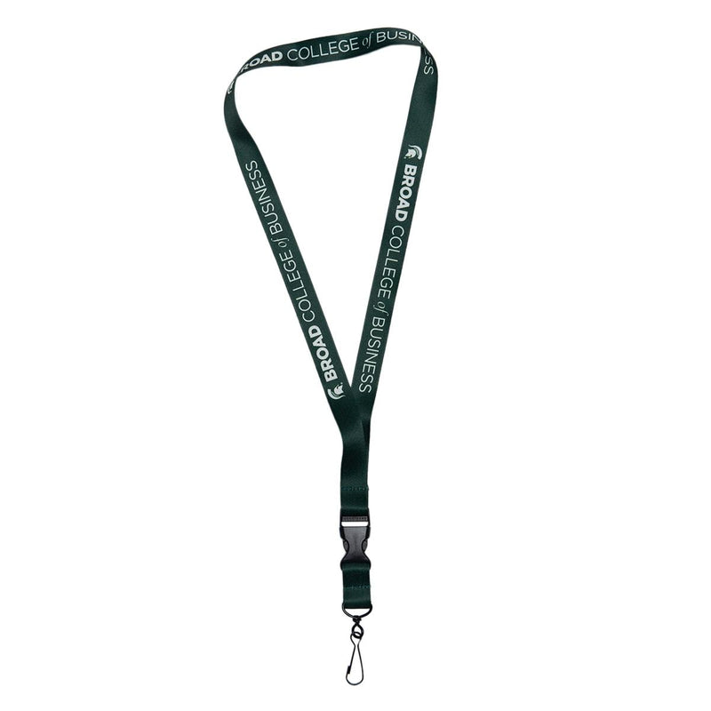 Dark green lanyard with white print repeating a Spartan helmet followed by text reading Broad College of Business. At the bottom of the lanyard is a black plastic clip for removing the ID hook