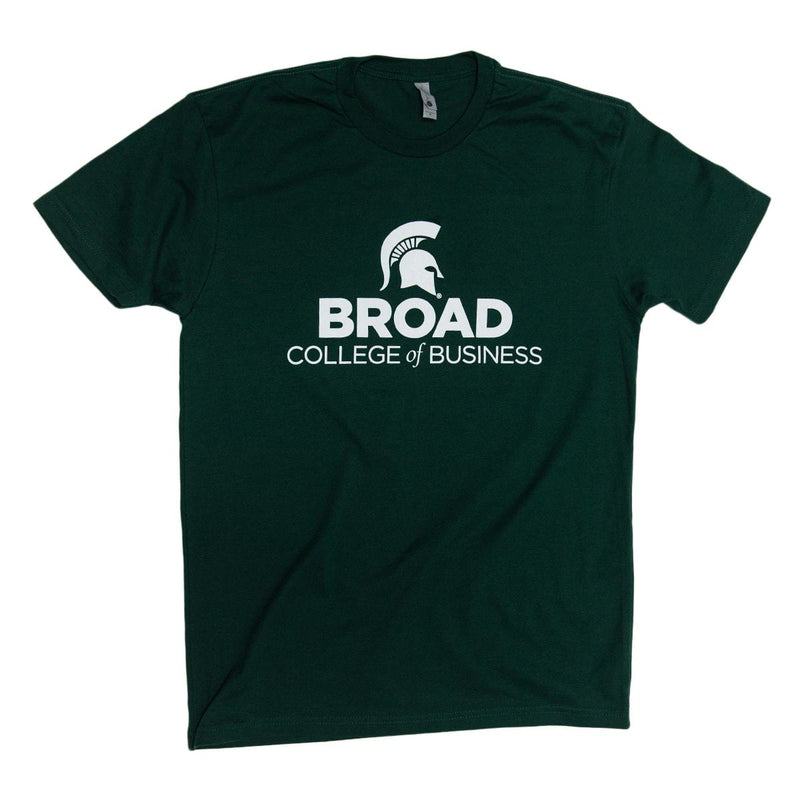 Dark green crewneck t-shirt with short sleeves. A white Spartan helmet is printed above all caps reading Broad. Below that is a line in smaller font reading College of Business