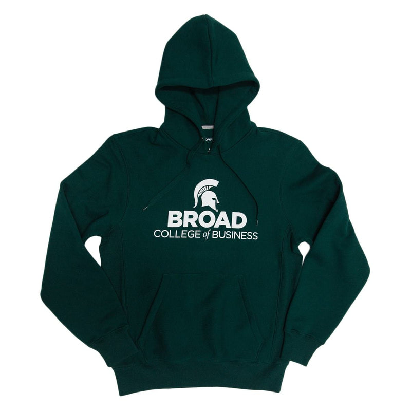 Dark green sweatshirt with a drawstring hood and a wide pocket spanning the lower torso. A white Spartan helmet is printed above all caps reading Broad. Below that is a line in smaller font reading College of Business