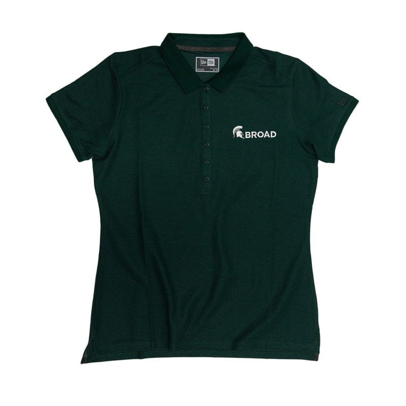 Dark green polo shirt with six green buttons going down from the collar. On the left chest is white embroidery of a spartan helmet and Broad in all caps