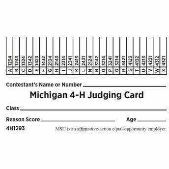 A copy of a Michigan 4H judging card in blue. The card includes fillable lines for contestant name, class, reason score, and age, along with 24 contestant categories. 