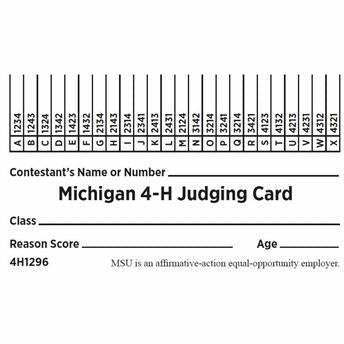 A copy of a Michigan 4H judging card in yellow. The card includes fillable lines for contestant name, class, reason score, and age, along with 24 contestant categories.