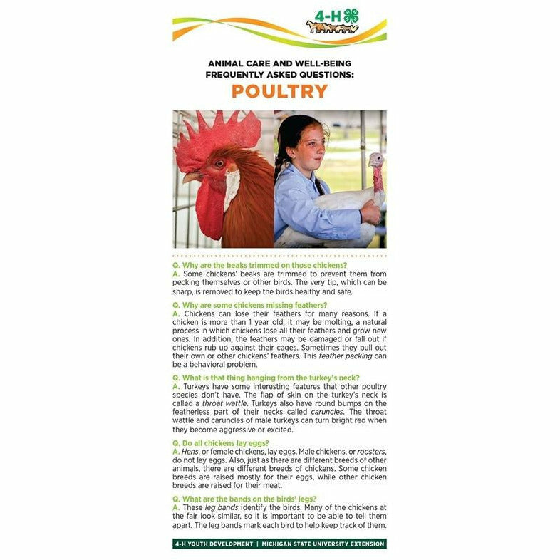 Bookmark titled "Animal care and well being frequently asked questions: Poultry." Pictures of a rooster and a girl holding a turkey are at the top of the bookmark. The lower half of the bookmark contains text with headings listed in a question and answer format.