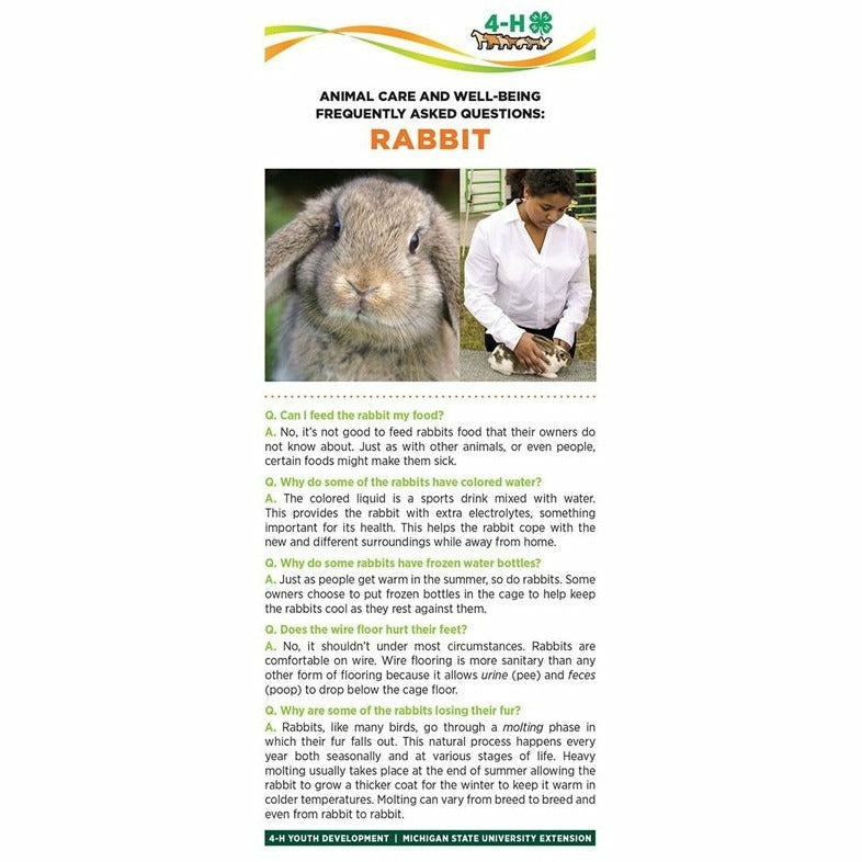 Bookmark titled "Animal care and well being frequently asked questions: Rabbit." Pictures of a rabbit and a girl petting a rabbit are at the top of the bookmark. The lower half of the bookmark contains text with headings listed in a question and answer format.
