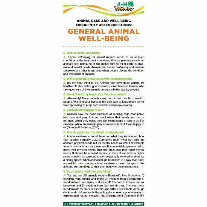 Bookmark titled "Animal care and well being frequently asked questions." The bookmark contains text with headings listed in a question and answer format.