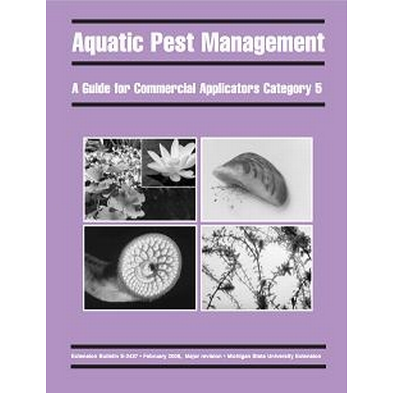 Cover of a book titled "Aquatic Pest Management: A guide for commercial applicators category 5." The title text is in white with a purple background. In black and white is a collage of four pictures containing a reef, a snail, a leech, and seaweed. 