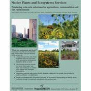Cover of a pamphlet titled "Native Plants and Ecosystems Services: Producing Win-Win Solutions for Agriculture, Communities and the Environment". The cover has a green background and contains four images in the center. The images contain views of a city skyline, a bumblebee pollinating a flower, a white house with a large patio behind a garden, and a field. 