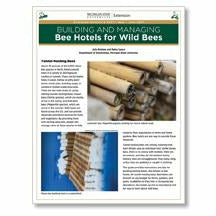 Cover of a fact sheet titled "Building and Managing Bee Hotels for Wild Bees". The pamphlet contains paragraph style text with two accompanying images containing various supplies for building a beehive. 