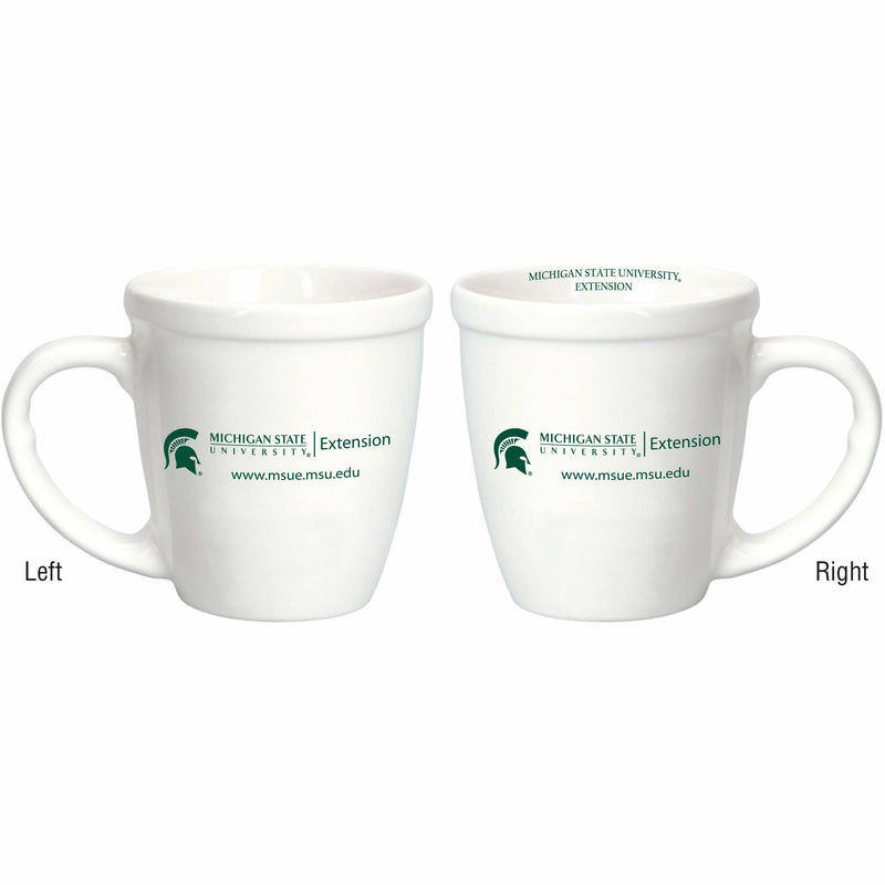 A white coffee mug with the MSU Extension logo on both the left and right side of the mug, along with the MSU Extension web address underneath. The text is written in Spartan green. 