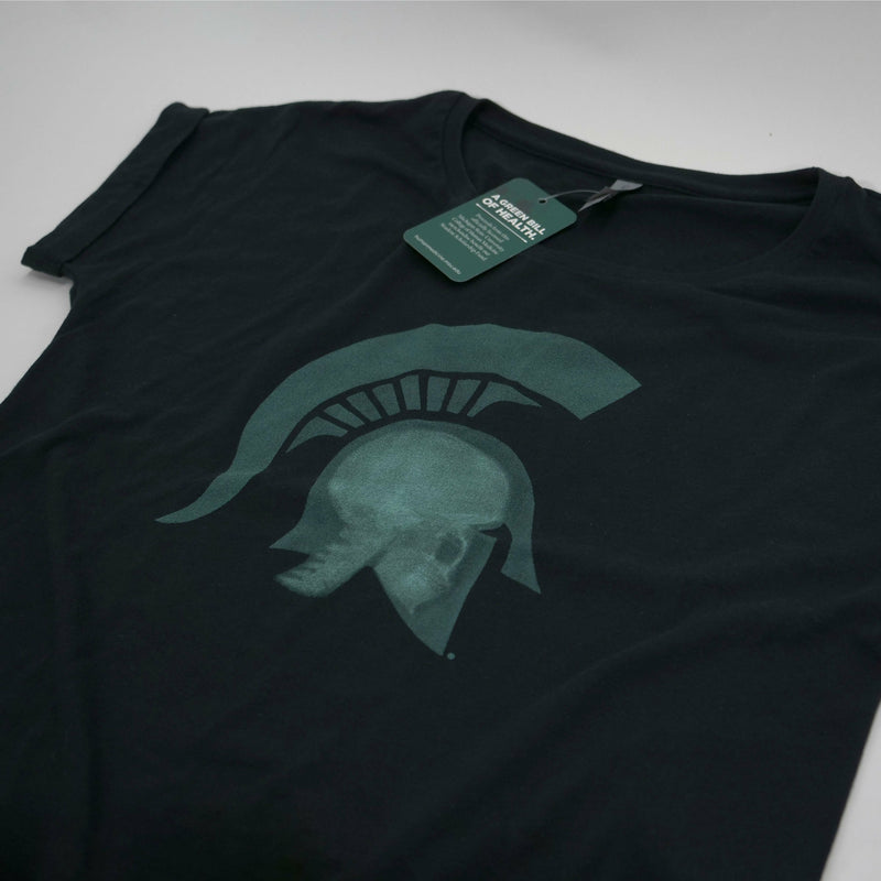 Flat angled view of Black Short-sleeve scoopneck t-shirt with a graphic of a head wearing a Spartan helmet being x-rayed