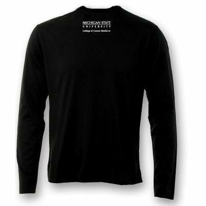 Back of a black long sleeve t-shirt with the MSU wordmark printed in white just under the neckline. Underneath, text reads College of Human Medicine