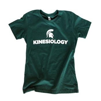 Forest green short-sleeve crewneck t-shirt with a white Spartan helmet over text reading kinesiology in all caps.