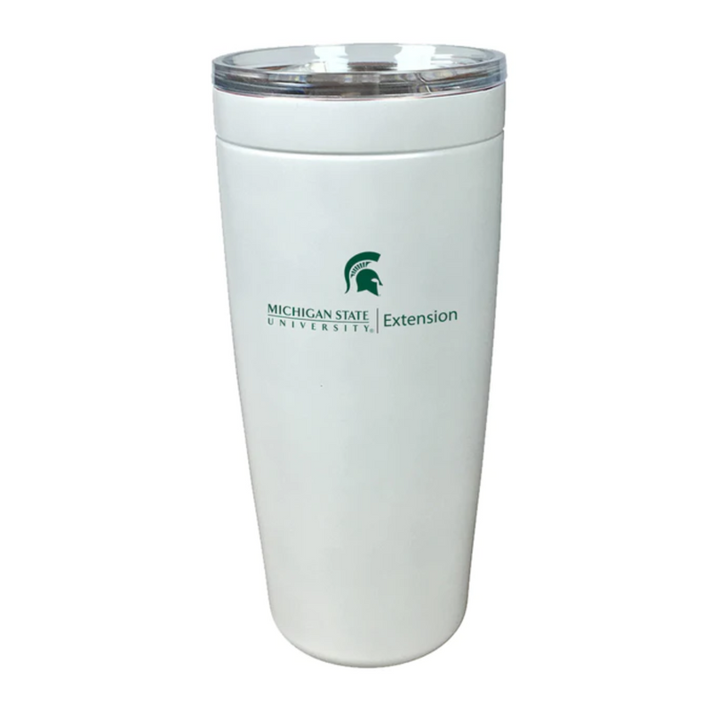 Closeup of a white, stainless steel tumbler with the MSU Extension logo printed in Spartan green on the side. 