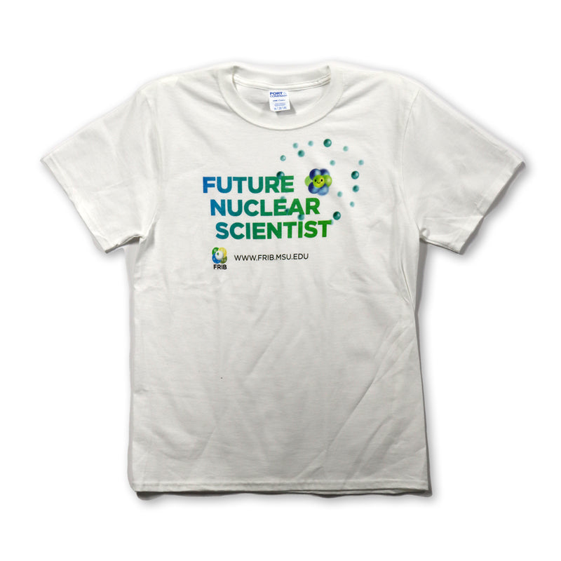 White short-sleeve crewneck t-shirt featuring blue and green graphics across the center chest. Bold sans serif text reads "future nuclear scientist" over an atom. Below is the full-color FRIB logo next to the website link (WWW.FRIB.MSU.EDU).
