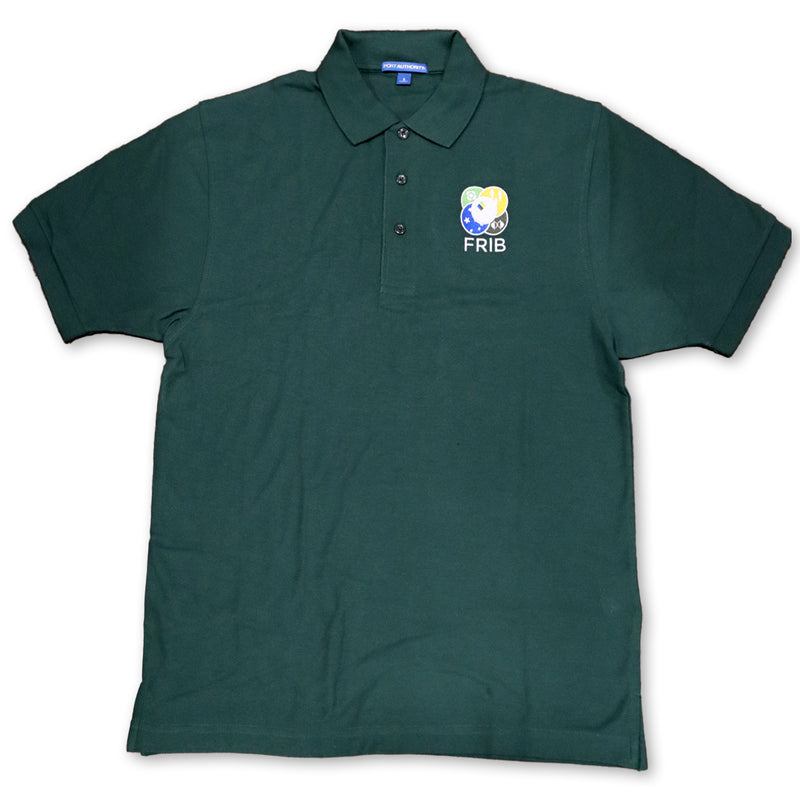 Forest green three-button short-sleeved polo shirt with the full-color FRIB logo embroidered on the upper left chest.