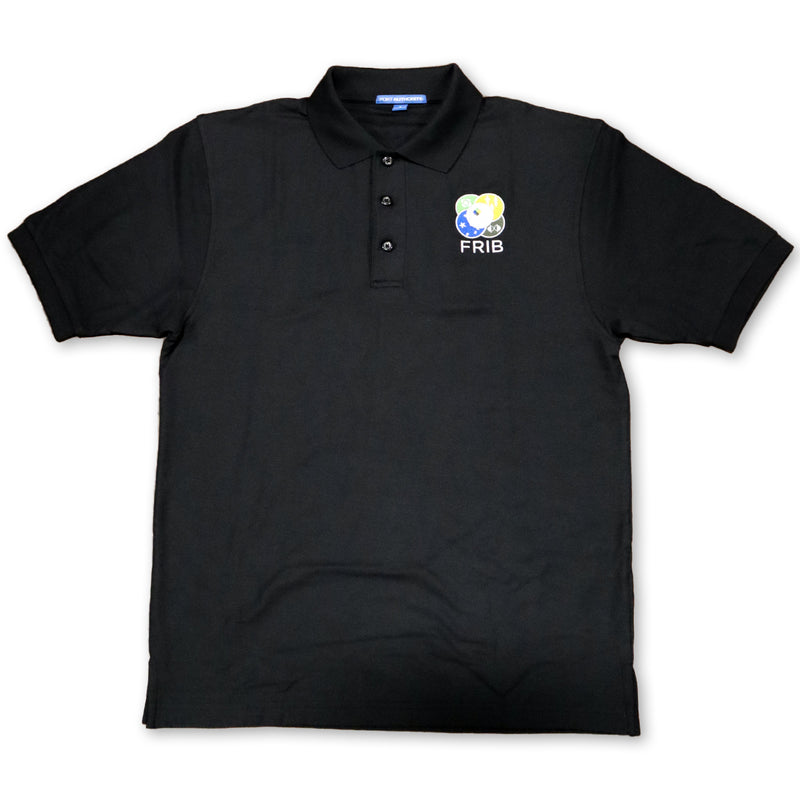 Black three-button short-sleeved polo shirt with the full-color FRIB logo embroidered on the upper left chest.