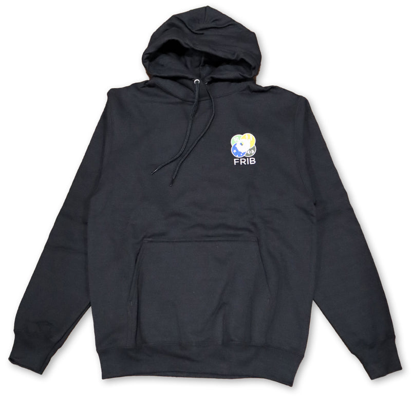 Black hooded sweatshirt with the full-color FRIB logo embroidered on the upper left chest. The hood's drawstrings are also black, and there is a large two hand pocket spanning the lower torso.