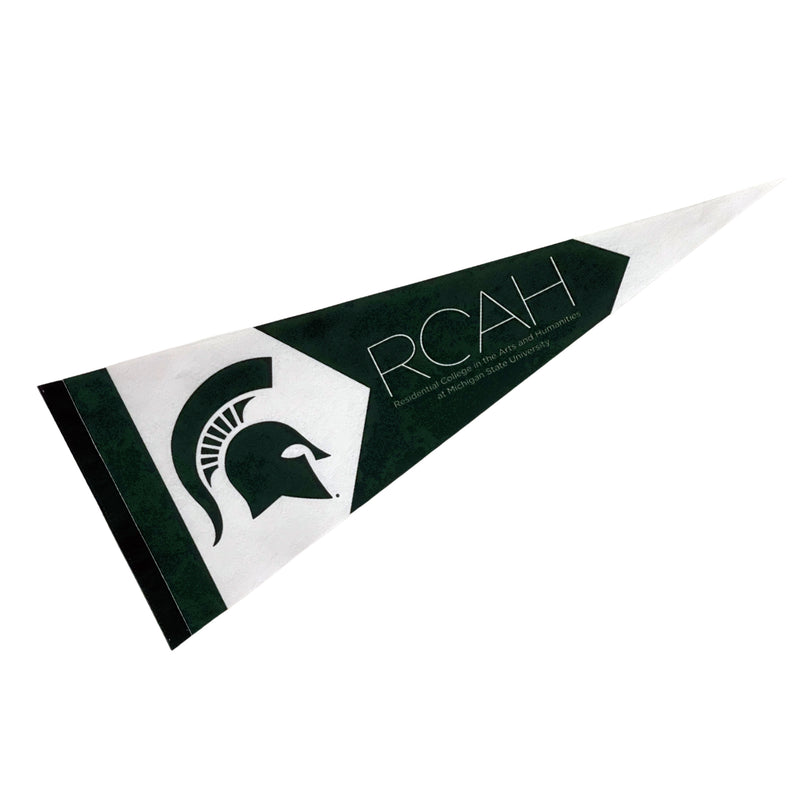 Pennant flag with alternating forest green and white blocks. On the left-most white block is a large Spartan helmet. On the right-most green box is stylized text reading RCAH: Residential College in the Arts and Humanities at Michigan State University.