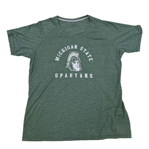 Sage green crewneck t-shirt. On the center chest, a vintage rendition of Sparty's head is printed between arched text reading Michigan State and a straight line of text reading Spartans. Screen printing is white.