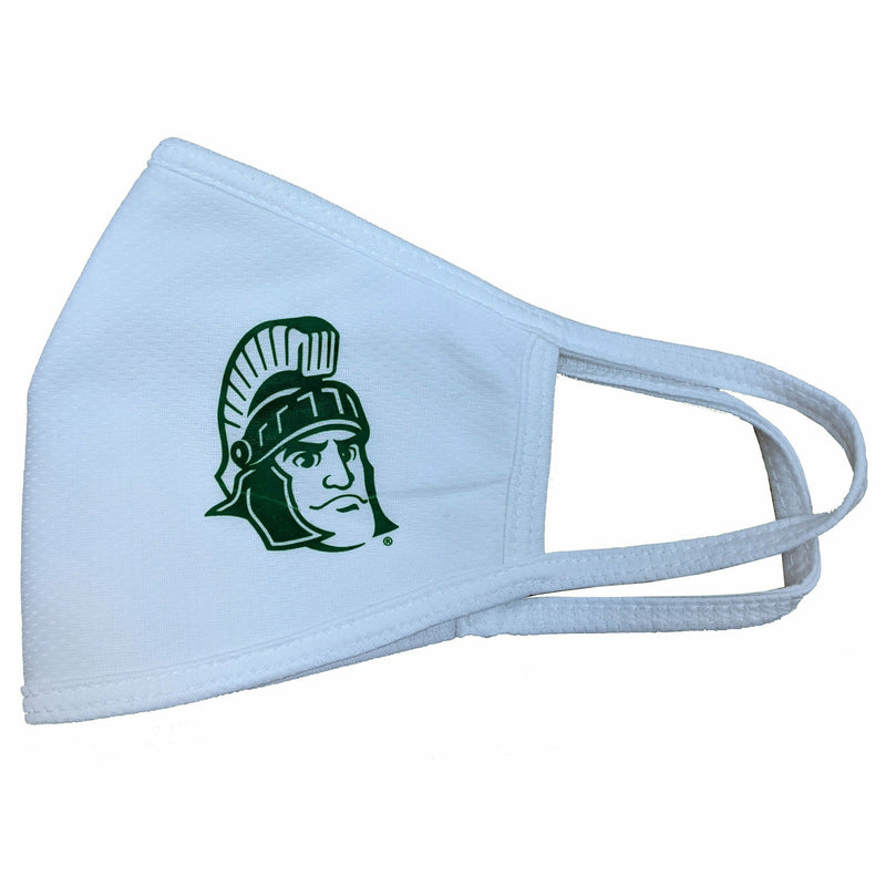 Folded white mask with a forest green screen printed Sparty