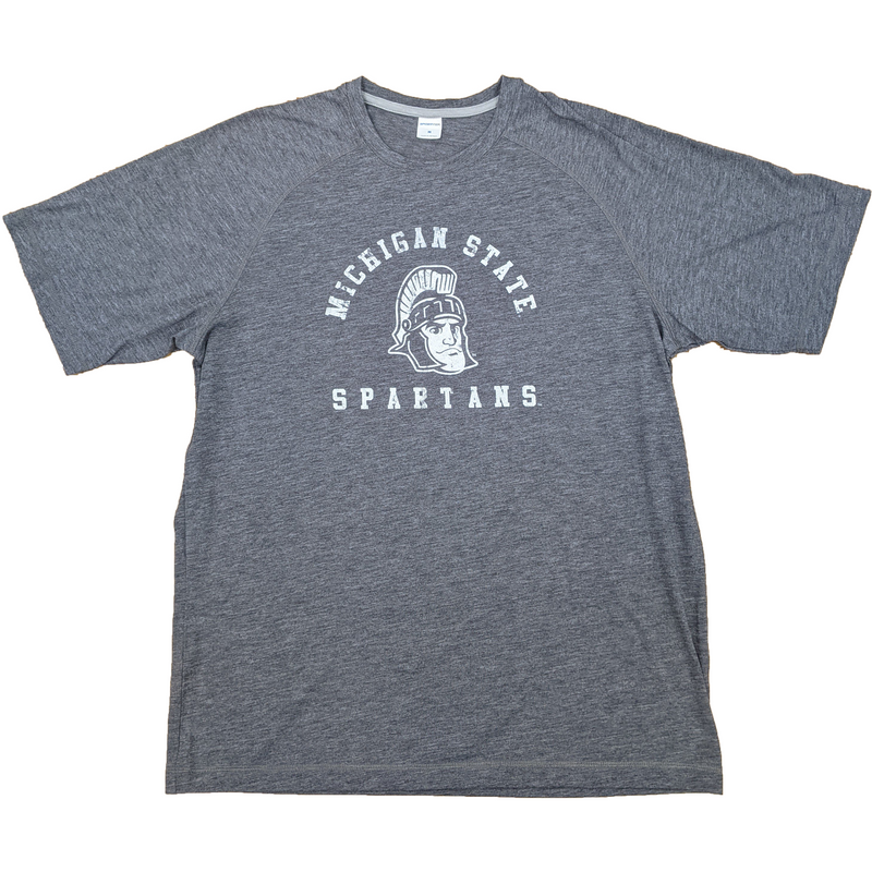 Dark gray crewneck t-shirt. On the center chest, a vintage rendition of Sparty's head is printed between arched text reading Michigan State and a straight line of text reading Spartans. Screen printing is white.