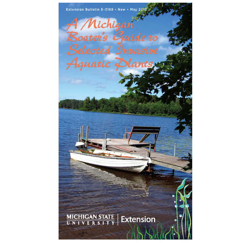 Cover of a book titled "A Michigan Boater's Guide to Selected Invasive Aquatic Plants". The cover contains an image of a small boat sitting next to a wooden dock on a lake. 