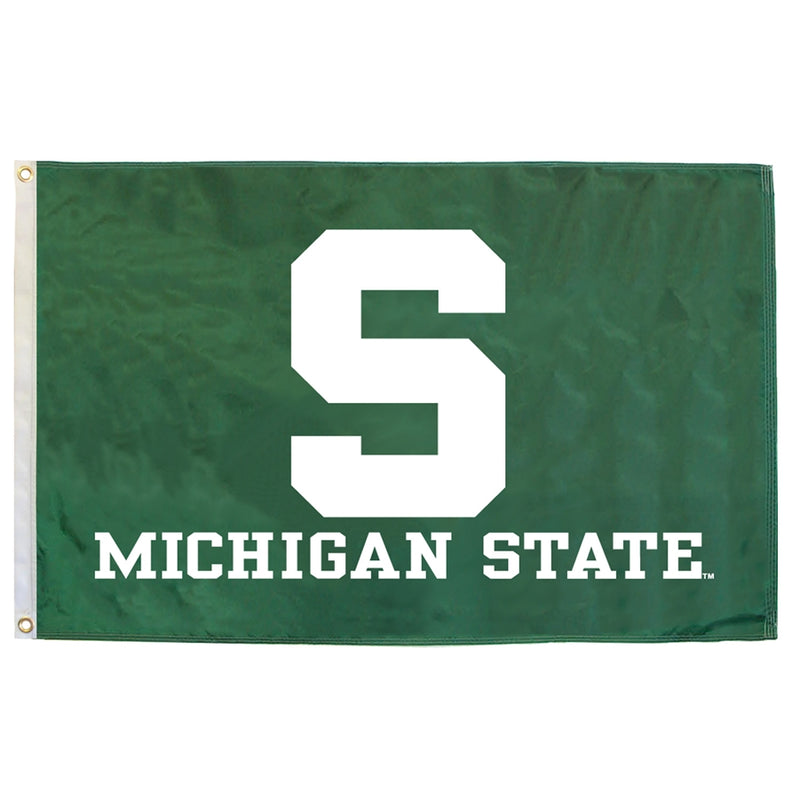 Kelly green flag with a large white block "S" centered, with white block text reading "Michigan State" underneath. Left side has a white binding with two gold rivets for hanging