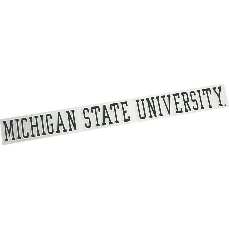 Individual forest green block letters with white outlines reading Michigan State University in one line