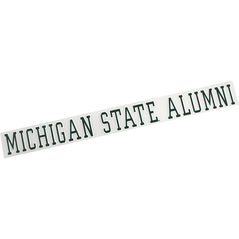 Individual forest green block letters with white outlines reading Michigan State Alumni in one line
