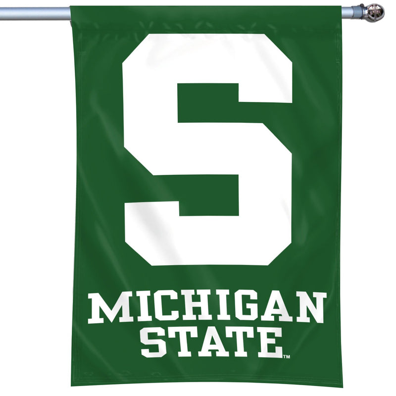 Kelly green vertical hanging flag with a pocket for hanging along the top. Centered is a large block S with block text read "Michigan State" (one word per line)
