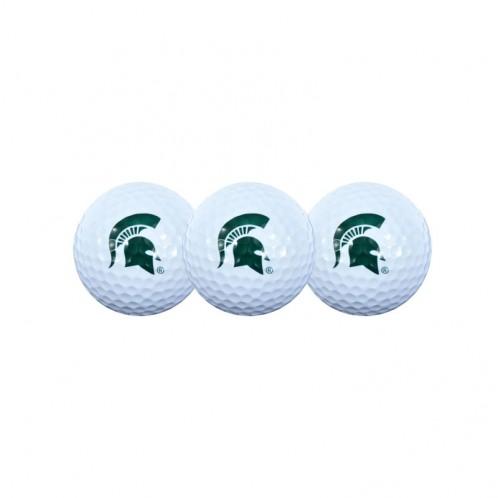 Three white golf balls with a dark green Spartan helmet printed in the center of each