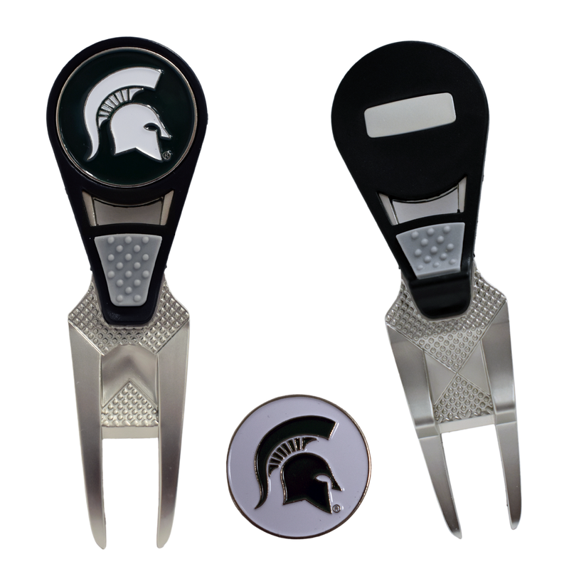 Two-prong silver golf ball repair tool with a black textured handle. Top of handle has a green magnetic marker with a white Spartan helmet centered. To the right are a white magnetic marker with a green helmet and the back of the repair tool.