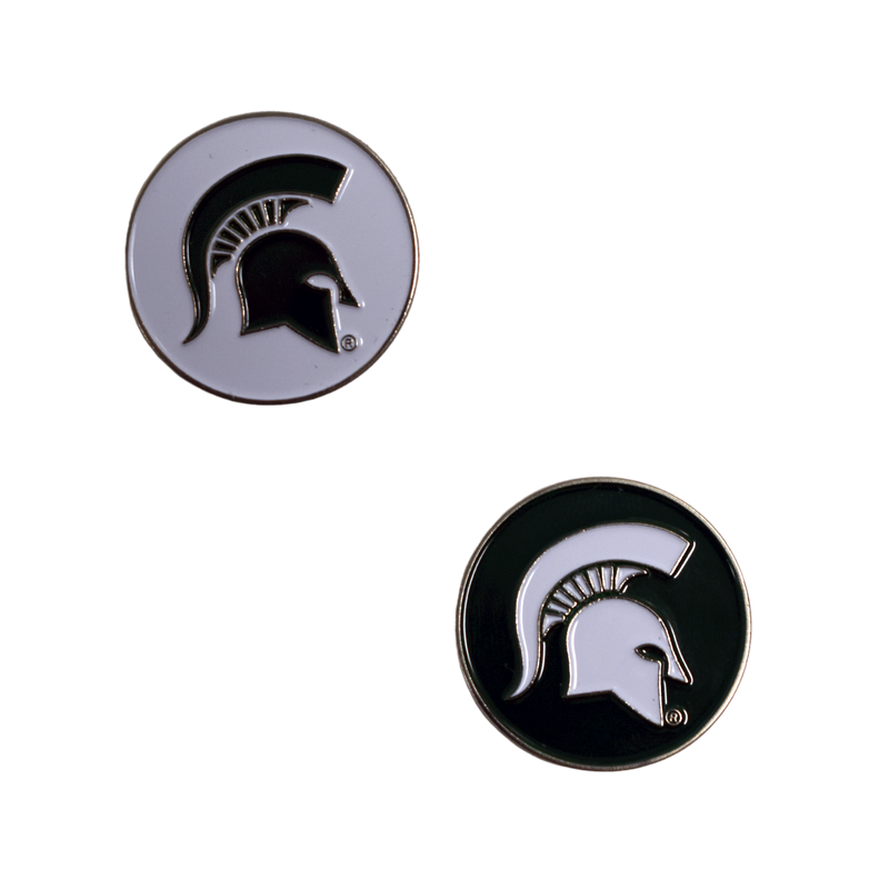 Two metal markers. One, white with a green Spartan helmet raised in the center; the second, dark green with a white Spartan helmet raised in the center.