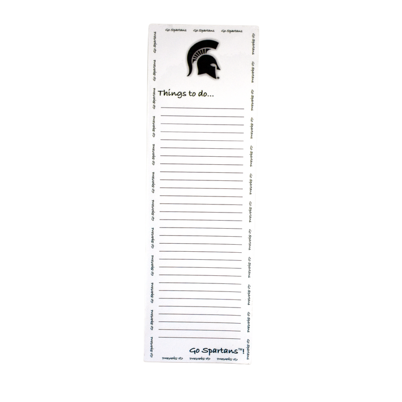 Long, skinny rectangular notepad with 22 lines for writing. At the top is a dark green Spartan helmet and text reading "things to do..." "Go Spartans!" is written in the bottom right corner and in smaller green font encircling the notepad.