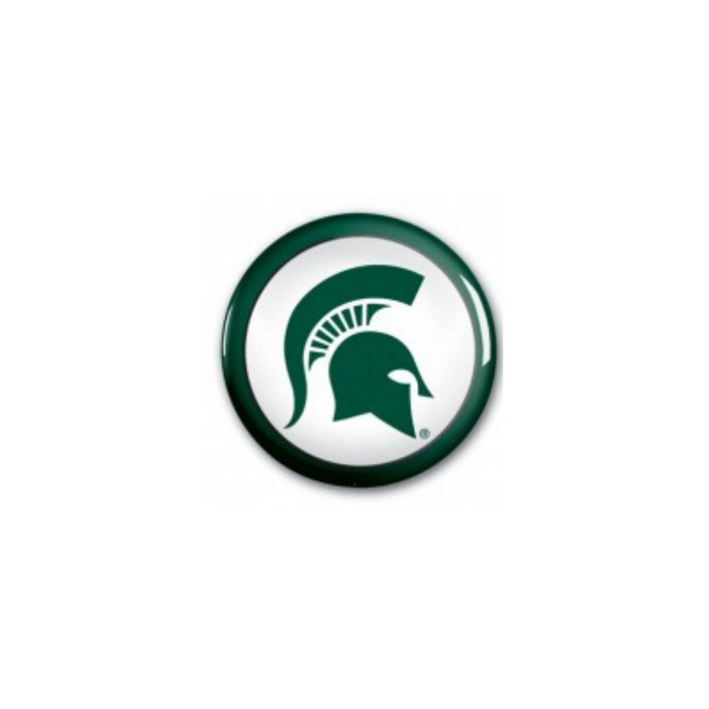 Circular white button with dark green outline. In the center is a dark green Spartan helmet