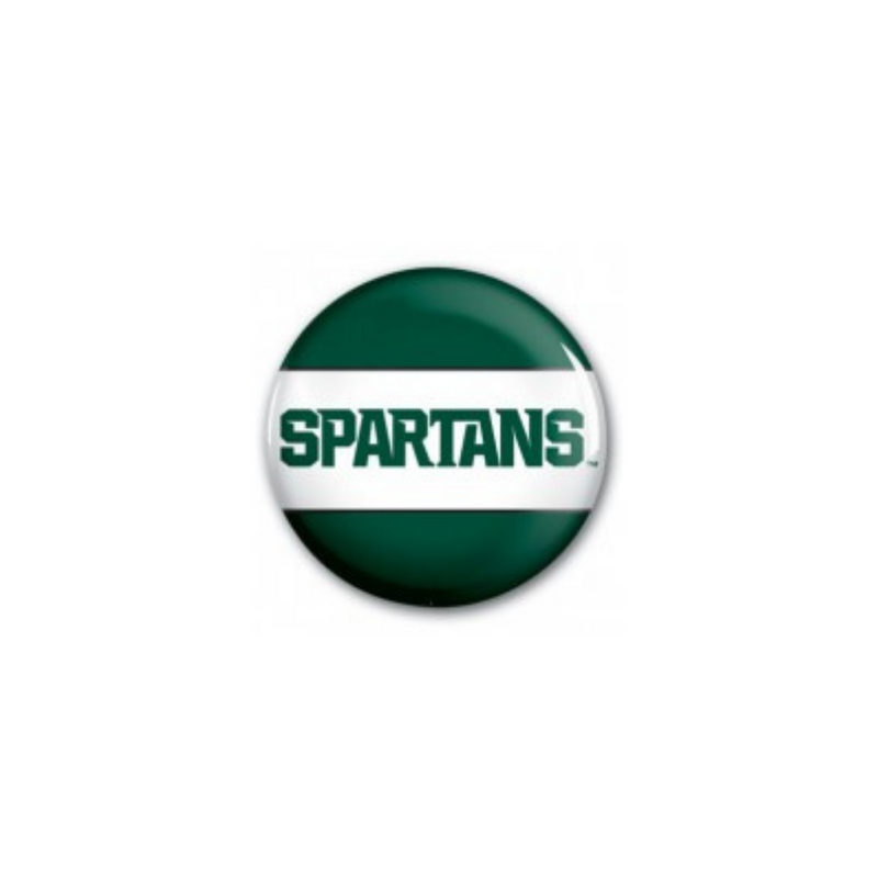 Dark green circular button with a white block spanning the center, with dark green font reading Spartans in all caps across it